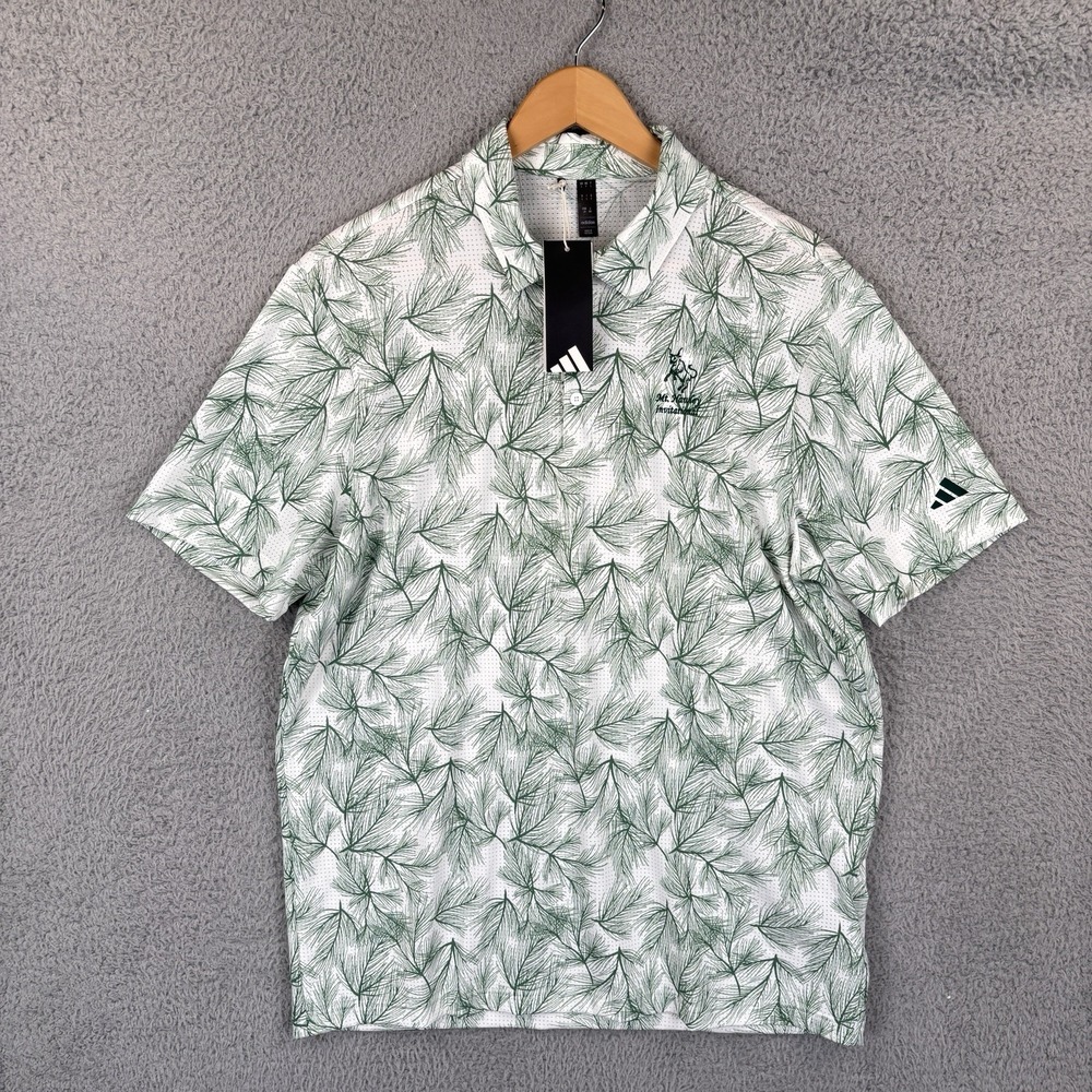 NEW Adidas Polo Golf Shirt Mens Large White Green Pine Needle Print Vented *Logo